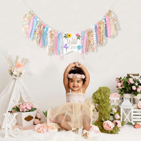 LINLULU 1st Wild flower High Chair Banner - Girls WildOne Birthday Decoration, Floral Theme Highchair Banner, Our