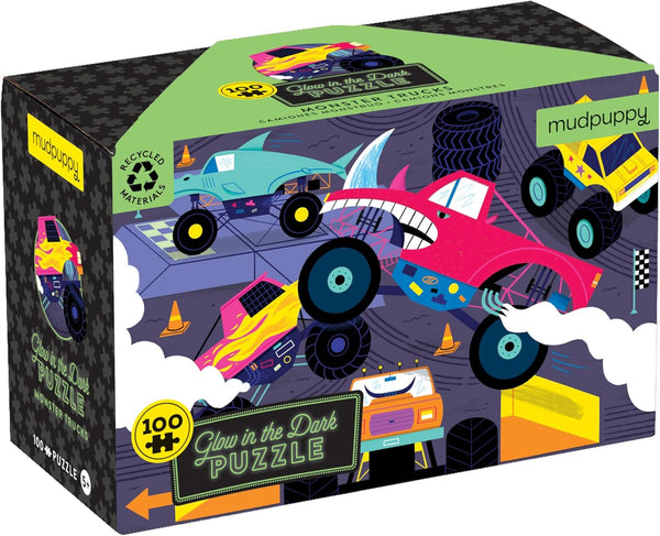 Mudpuppy Monster Trucks – 100 Piece Glow in The Dark Puzzle with Colorful Scene of Cars and Trucks and Hidden Puzzle Details in The Dark for Children Ages 5 and Up