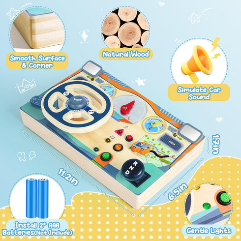 1 2 3 Busy Board Montessori Toys for Year Old, Wooden Toddler Sensory Toy Busy Board with LED Lights Sound Switch