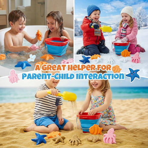 Cozycharm Set 3 Summer Beach Sand Toys for Toddlers, Portable Travel Beach Toys with Collapsible Bucket, Shovel, Rake
