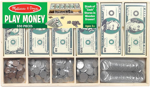 Melissa & Doug Play Money Set: Educational Toy with 50 Paper Bills, Plastic Coins, and Wooden Cash Drawer