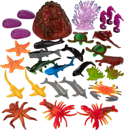 Set (30PCS) Playset Ocean Animal Toy Figures Marine Life Sea Creatures with Sharks, Dolphins, Turtles, Crabs & More