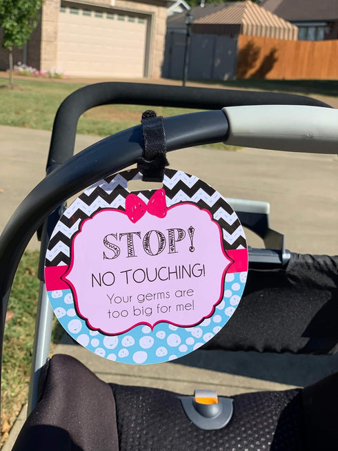 THREE LITTLE TOTS Pink Zig Zag Stop No Touching Baby Car Seat Sign or Stroller Tag - CPSIA Safety Tested