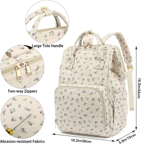 Yusudan Backpack Corduroy Diaper Bag for Baby Girls Boys, Women Large Nappy Bags for Mom (Beige Corduroy Floral Purple)