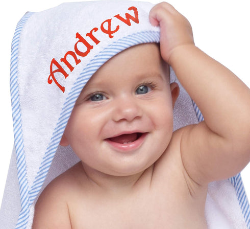 Monogrammed My Personal Memories Personalized Baby Hooded Bath Towel - for Girl and Boy - Embroidered (White with Blue)