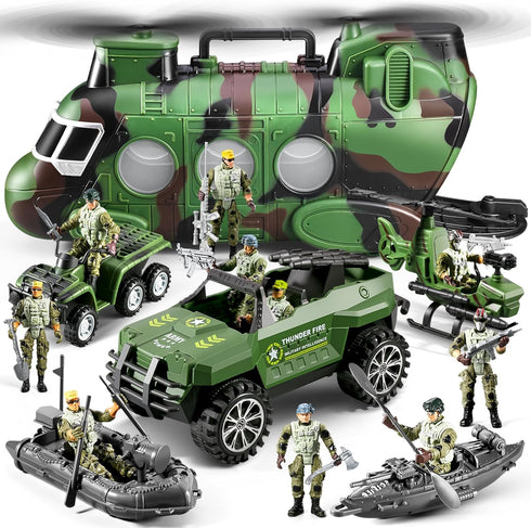 JASSKKBO 56-in-1 Army Men Toys Sets for Boys 4-7 8-12, Military Helicopter/Truck/Kayak Boat/Motorcycle/Army