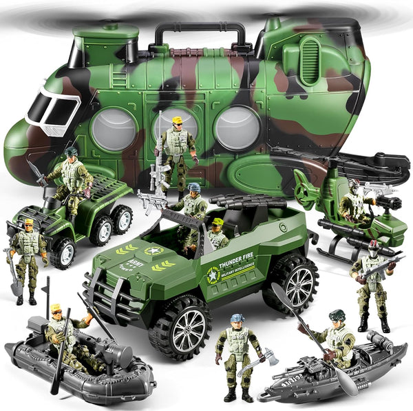 JASSKKBO 56-in-1 Army Men Toys Sets for Boys 4-7 8-12, Military Helicopter/Truck/Kayak Boat/Motorcycle/Army