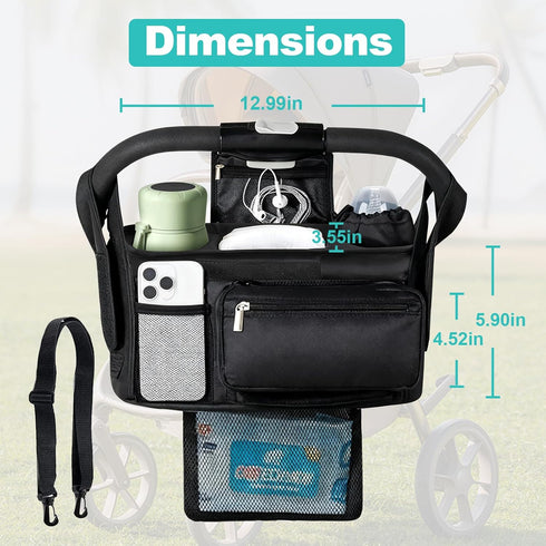 Universal Stroller Organizer with Insulated Cup Holder Detachable Phone Bag & Shoulder Strap, Bag Caddy Fits
