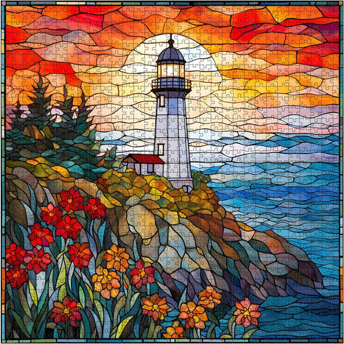 Stained Glass Lighthouse Puzzles for Adults 1000 Piece, Mosaic Beach Puzzle Hard, Impossible Difficult Challenging Puzzles, Lighthouse Scenic Jigsaw Puzzles