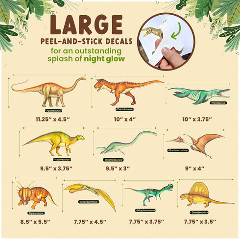 Glow in The Dark Dinosaur Wall Stickers - 10 Large Bright Decals for Bedroom Walls and Ceilings, Set 2