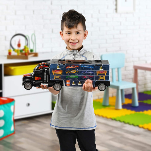 6 28 Play22 Toy Truck Car Carrier - Includes Toy Cars and Accessories, Fits Toy Car Slots - Great Gift for Boys