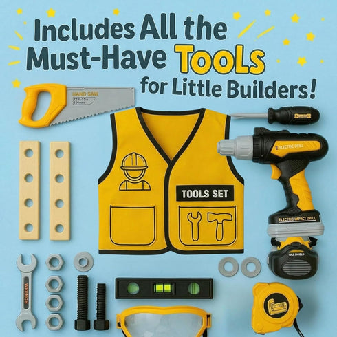 Set Kids Tool with Carrying Case, Electronic Toy Drill with Bits & Construction Vest Pretend Play Kit with Safety