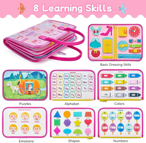 1-4, Freebear Deluxe Pink Princess Quiet Book Sensory Board for Toddlers Montessori Educational Toys for Girls, Travel
