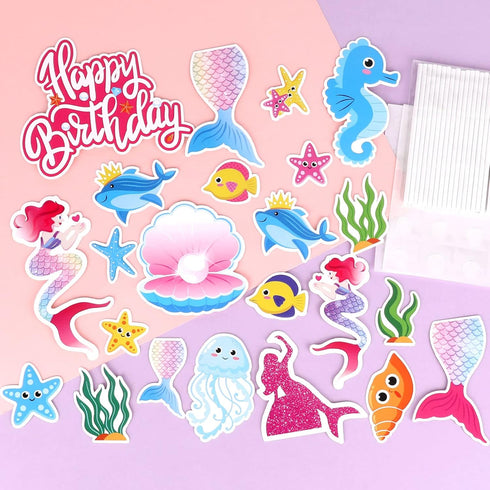 DPKOW 23pcs Iridescent Mermaid Birthday Cake Toppers, Ocean-Themed Cupcake Toppers for Kids Birthdays & Baby Showers