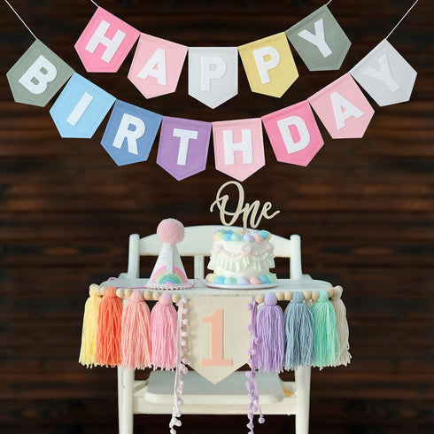 1st DCJHFJ Pastel Macaron Rainbow High Chair Banner Felt Happy Birthday Banner Pre-Strung Birthday Party Decorations
