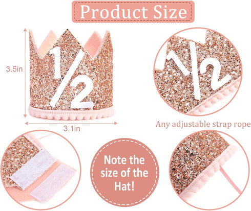Pink Half Birthday Party Crown - 1/2 Rose Gold Birthday Hat, Happy Birthday Crown for Kids, Party Decorations