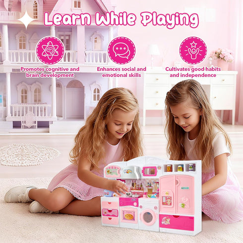 Mastom Playset 3 4 5 6 Kitchen for Girls, Pretend Play Kitchen Toy for Dolls with Lights Sounds & Accessories, Gifts
