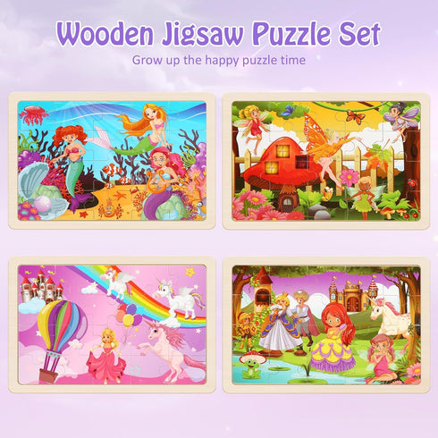 Wooden Puzzles Toys for Kids Ages 3-5, Set of 4 Packs with 20-Piece Unicorn Mermaid Princess Jigsaw Puzzles,
