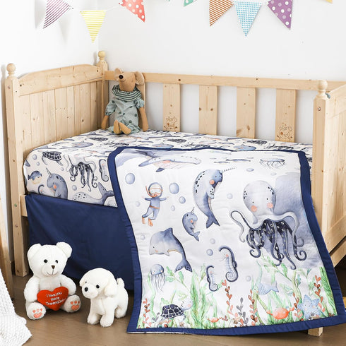 Hahafelt 3 Set Set Pcs Baby Crib Bedding Under The Sea Ocean Nursery Nautical Crib Includes Ocean Quilt, Fitted Sheet