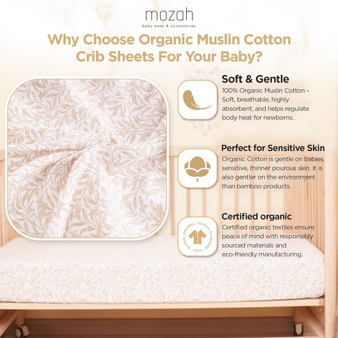 MOZAH 2 Pack, Organic Muslin Crib Sheets, Soft and Breathable Bedding for Baby Girls or Boys, Snug Fitted Sheet