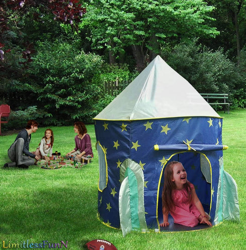 LimitlessFunN Rocket Ship Pop Up Kids Play Tent - Indoor Castle Playhouse with Star Lights & Carrying Case