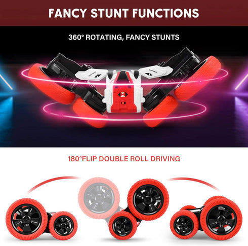 Remote Control Car, Double Sided RC Car, 4WD Off-Road Stunt Car with 360 Flips for Kids 3+ (Red)