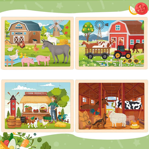 4-in-1 Farm Wooden Puzzles for Kids Ages 4-6, 24 PCS Jigsaw Puzzles for Toddlers 2-4, Educational Gifts