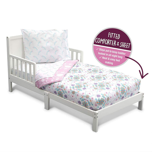 Set 4 Delta Children Toddler Bedding | Girls Piece Collection | Fitted Sheet, Flat Top Sheet w/Elastic Bottom, Fitted