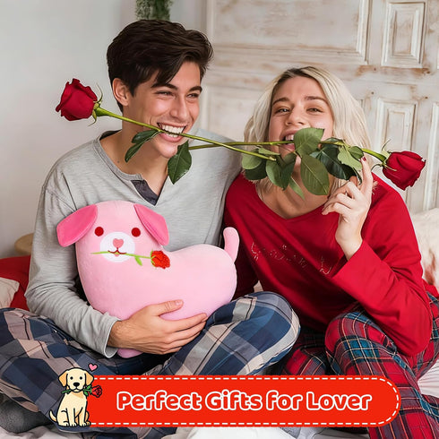 8inch Valentine's Day Gifts for Girls Her Wife, Pink Love Heart Dog Plush Valentines Stuffed Animal with Rose Cute