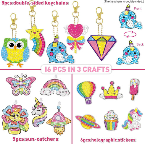 16 4-8 8-12,Kids 5D 5 Suncatchers/5 Keychains/6 BANBBUR Pcs Gem Art for Kids Age Crafts Gem Diamond Art Kit