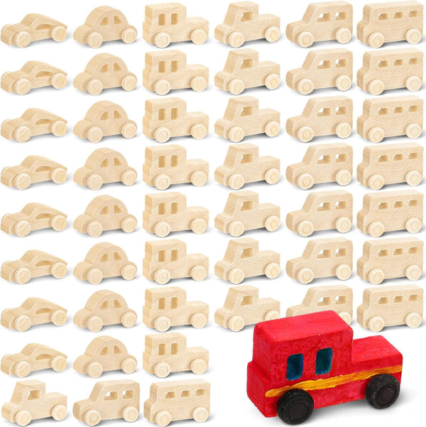 Lenwen 48 Pcs Wood DIY Car Toys, Unfinished Wooden Cars for Party, Craft Projects for Students and Kids