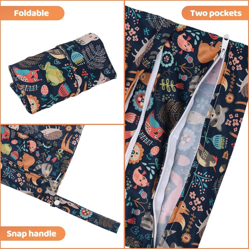2pcs Waterproof Reusable Cloth Diaper Wet Dry Bags with Two Zippered Pockets for Travel Beach Pool Daycare - Animal