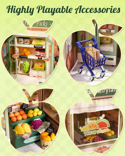 Set 14+, Rolife Super Creator Mini Series Fruits Shop, DIY Plastic Miniature Kits Retail Store Series, Mini Model House
