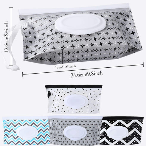 FEBSNOW 4 Pack Baby Wipe Dispenser, Portable Refillable Holder, Reusable Travel Wet Wipe Pouch (Geometric)