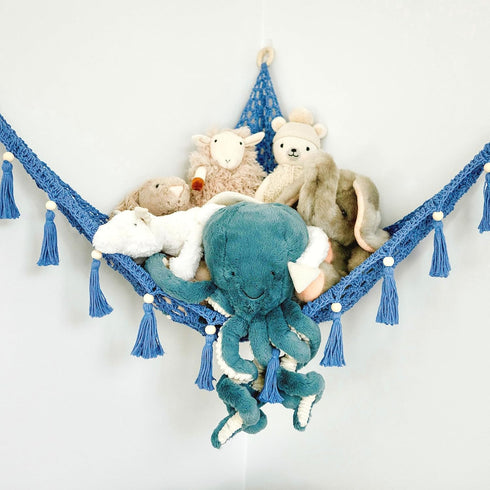 Macrame Toy Hammock for Stuffed Animals, Deep Sea Blue Hanging Organizer Net for Nursery Decor