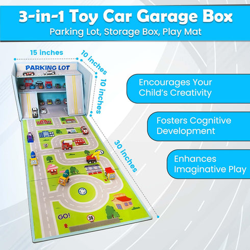 SAM AND MABEL Toy Car Garage Box with Play Mat Kids' Racecar Storage Basket, Stackable and Collapsible Organizer Bin