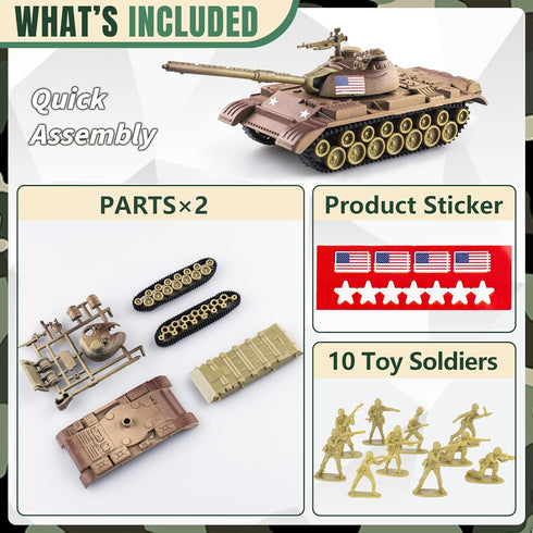 1:72 WW2 Army Tank and Army Men Toys Playset, 2pc US Desert Tan Tank with 10pc Toy Soldiers, Great Military Toy