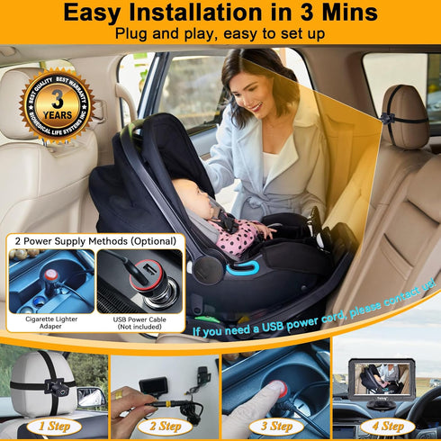 Yakry 1080P, 170 360 Y60 Baby Car Camera for Backseat - HD Wide Angle, Night Vision, Rotation, Safe for Babies, Easy
