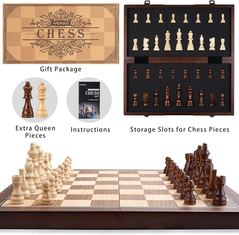 15'' Set Package, Set AMEROUS Magnetic Wooden Chess for Adults Kids - with Folding Board, Gift Pieces Storage Slots