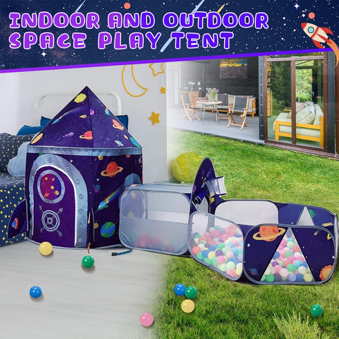 3pc Space Ship Kids Play Tent, Crawl Tunnel, Ball Pit for Toddlers, Indoor Outdoor Playhouse for Ages 3-7
