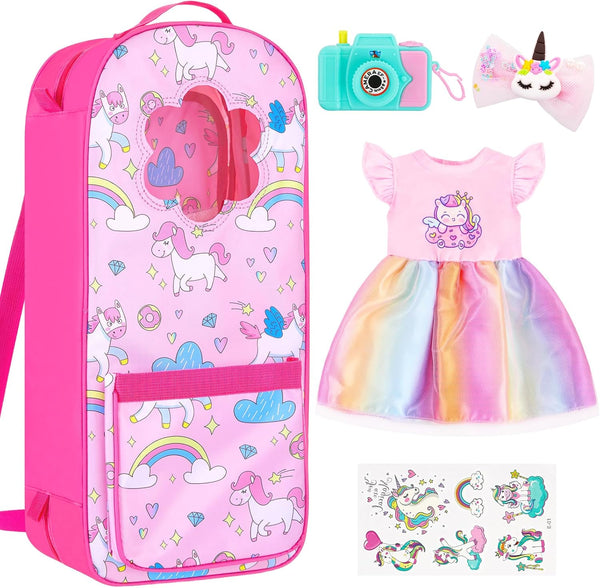 18INDC 18 Inch Doll Storage Bag - 5PCS Unicorn Theme 18In Doll Accessories