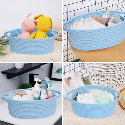 ABenkle Small Woven Basket, 12"x 8" x 5" Cute Rope Storage Basket for Cat Dog Toys, Decorative Gift Basket (Blue)