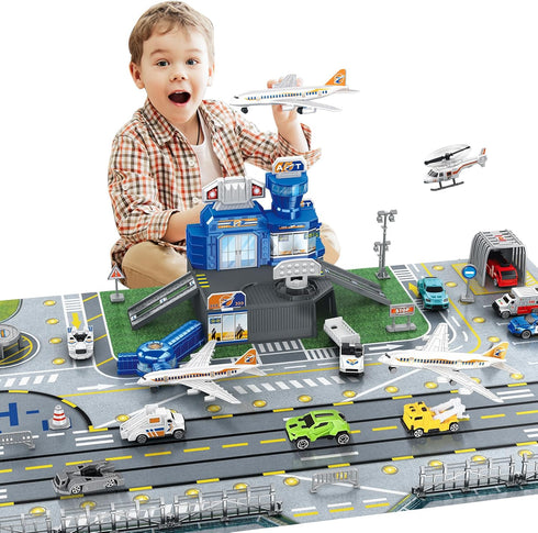 deAO Airplane Toys for Kids with Trucks, Helicopter,Planes, Signs,Fire Trucks Race Cars