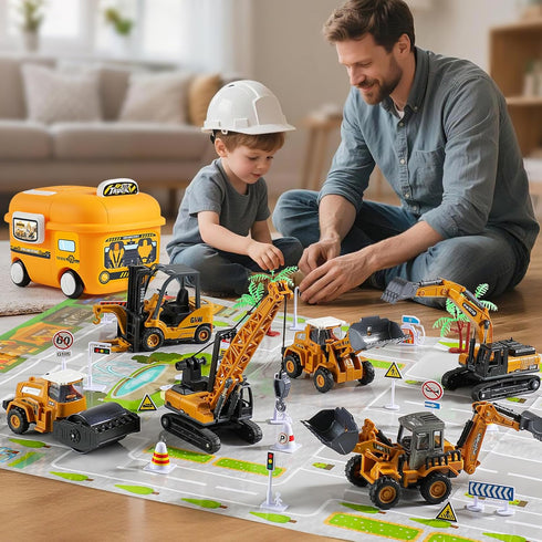 Set 3-8, (8 1) Construction Trucks Toy with Yellow Bus Storage and Play Mat Alloy Inertia Driving Simulation Model