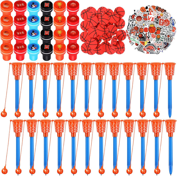 Aoriher 122 Pcs Basketball Party Favors - Includes Stampers, Hoop Pens, Mini Erasers, Stickers, and Stamps