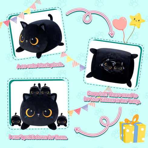 Black Cat Plush Stuffed Animal, Cute Cat with 4 Baby Soft Pillows, Gift for Kids Decor