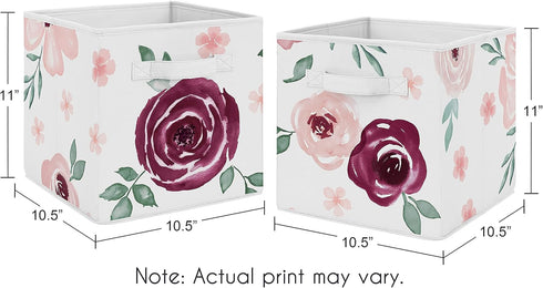 Set 2 Sweet Jojo Designs Burgundy Watercolor Floral Foldable Fabric Storage Cube Bins Boxes Organizer Toys Kids Baby