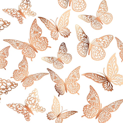 3D Gold Butterfly Wall Decor, 4 Styles 3 Sizes Removable Stickers for Party Decorations, Cake Decor, Metallic Kids Room