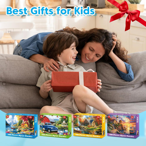 100 4 5-8 4-6 6-8 8-10 4-Pack Piece Puzzles - Themed Landscapes Large Piece Puzzles for Senior Adults Kids Puzzle Ages