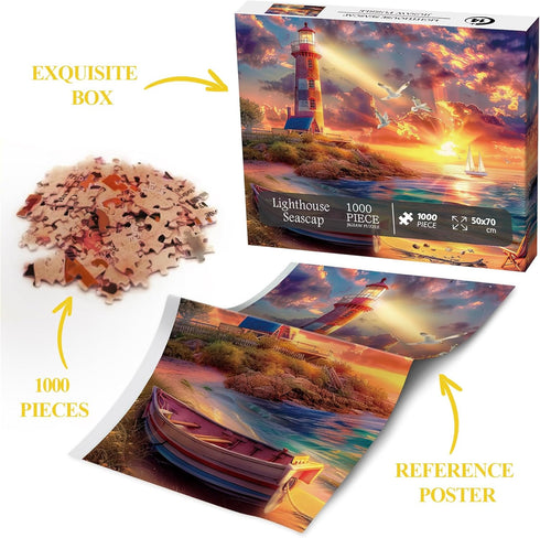 Beach Ocean Lighthouse Puzzle for Adults, 1000 Pieces, Summer Sunset Landscape Jigsaw Puzzle
